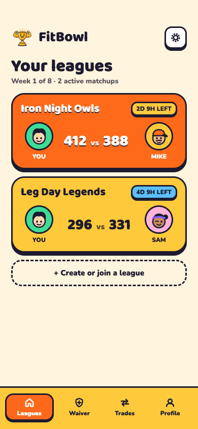 FitBowl leagues screen showing two active matchups