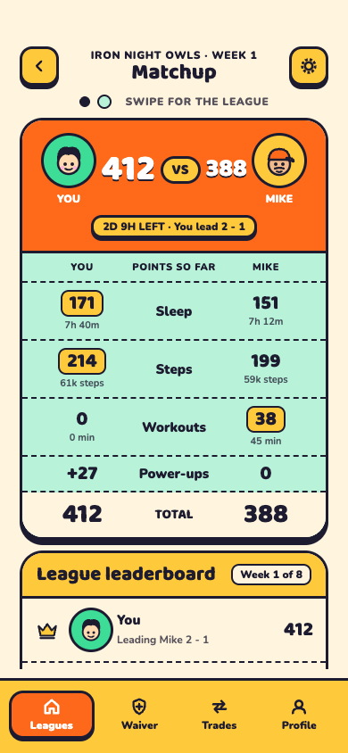 FitBowl weekly matchup screen comparing sleep, steps and workouts between two friends